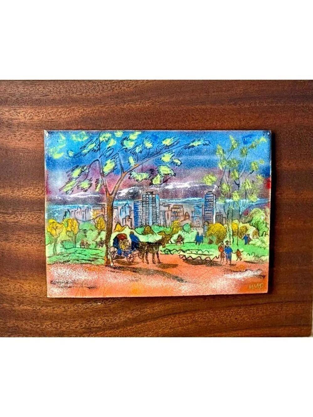 Vintage Enamel on Copper Plaque – Winter Cityscape with Horse Carriage – Signed